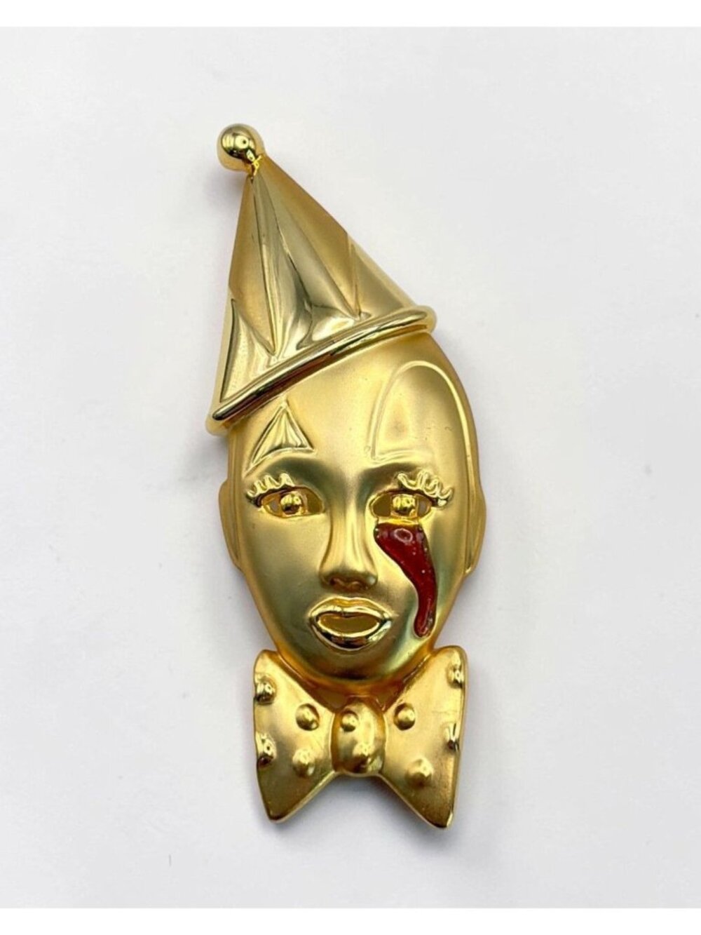 Vintage Sad Clown Face Brooch Pierrot Gold Tone Pin Enamel Red Tear Drop Accent